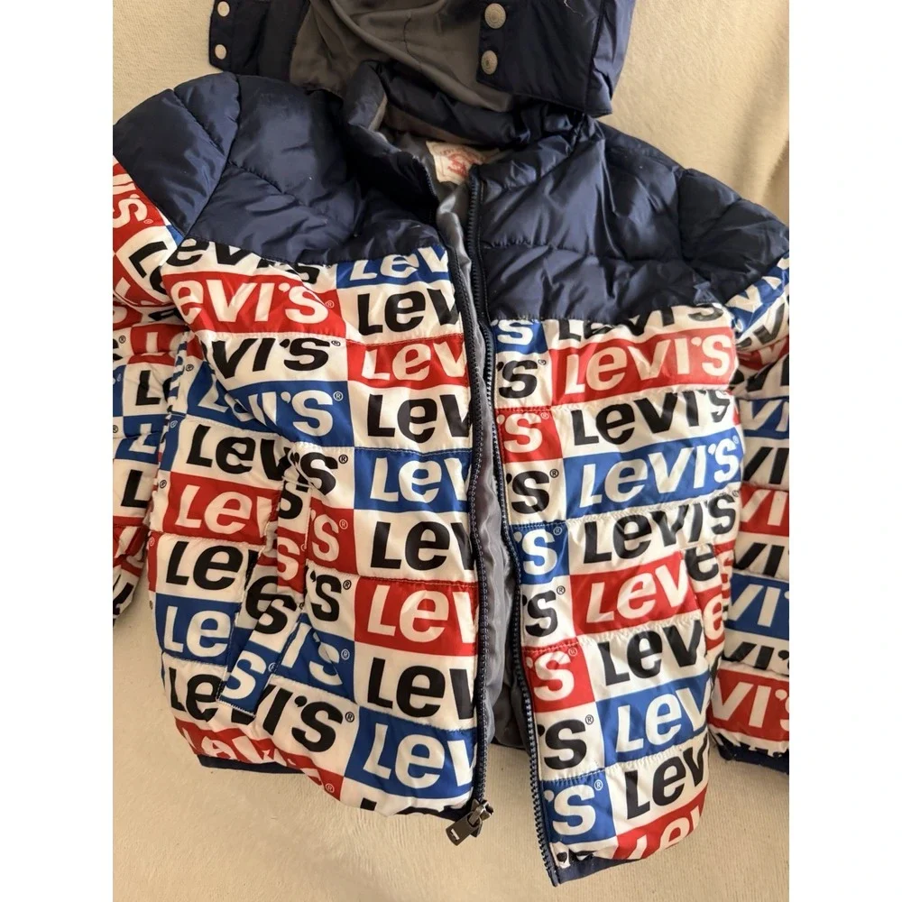 Levi's Kids Puffer Jacket M 10-12 Years All Over Logo Print Red White Blue Navy